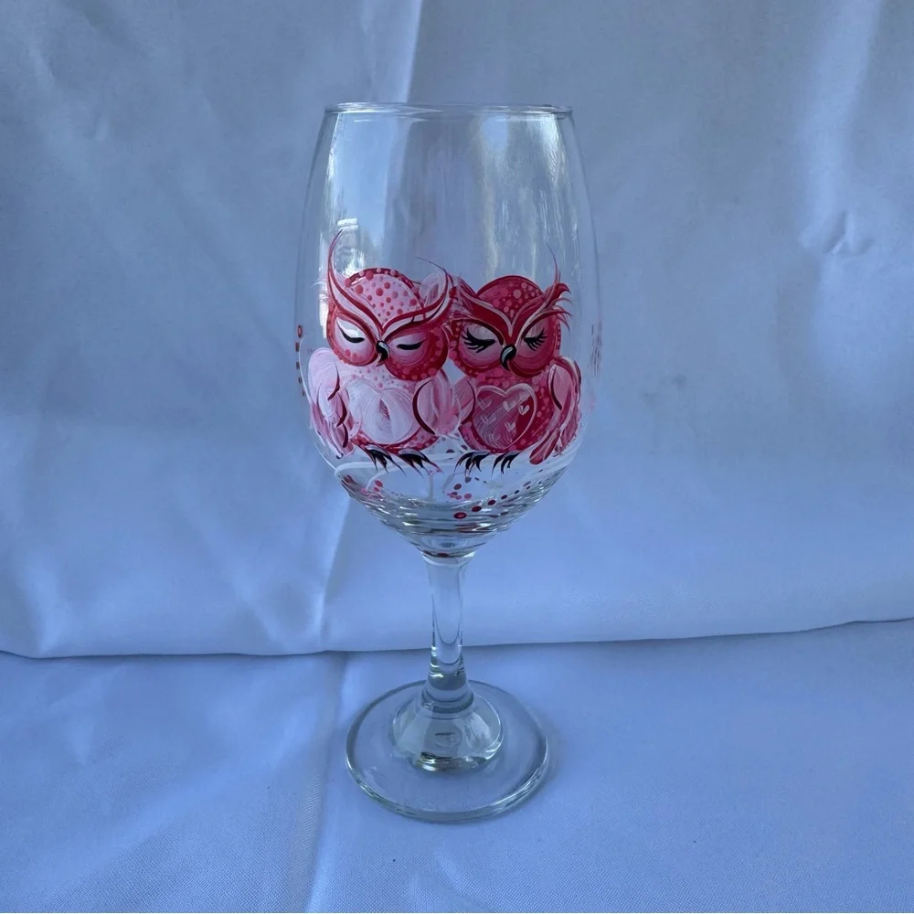 Owl Design Wine Glass with Pink Accents